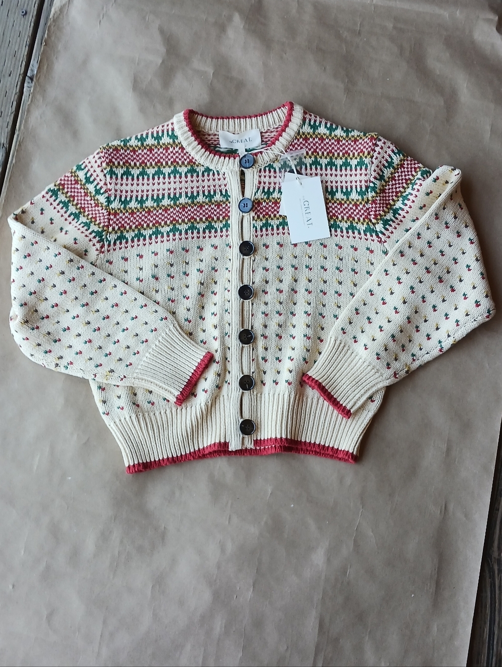 NWT The GREAT Vintage Ornament Cardigan Button Sweater Cream Red Green Small 1